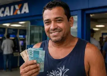 Homem sorridente segura cédulas de real em frente a uma agência da Caixa, representando o Saque Calamidade de até R$ 6.220.