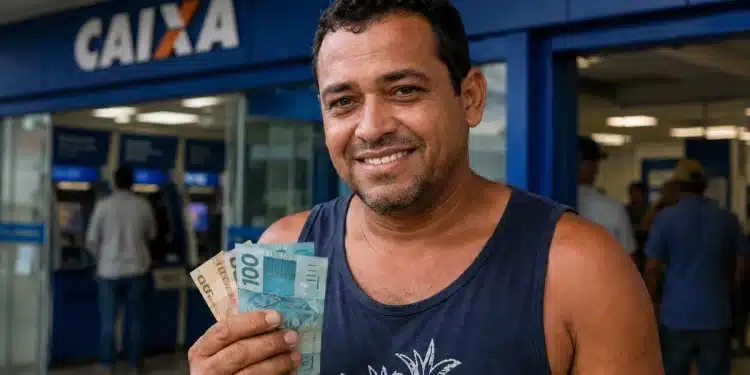 Homem sorridente segura cédulas de real em frente a uma agência da Caixa, representando o Saque Calamidade de até R$ 6.220.