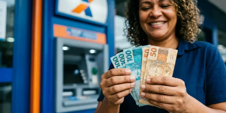 Mulher segurando cédulas de dinheiro em frente ao caixa eletrônico da CAIXA.