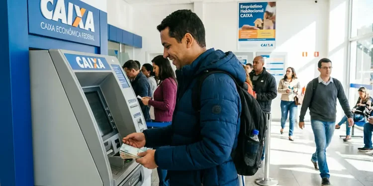 Homem utilizando caixa eletrônico da CAIXA para consultar informações sobre saque calamidade.