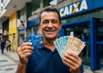 Homem sorri segurando cartão da Caixa e cédulas de R$ 100 e R$ 50 em frente a uma agência da Caixa, ilustrando o Saque Calamidade do FGTS de até R$ 6.220