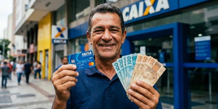 Homem sorri segurando cartão da Caixa e cédulas de R$ 100 e R$ 50 em frente a uma agência da Caixa, ilustrando o Saque Calamidade do FGTS de até R$ 6.220