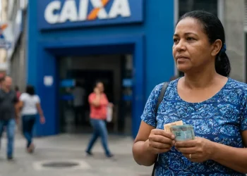 Trabalhadora segura dinheiro em frente a uma agência da Caixa durante prazo do saque calamidade do FGTS.