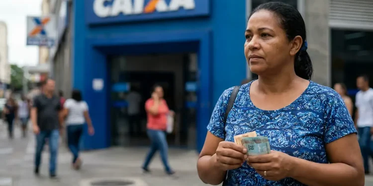 Trabalhadora segura dinheiro em frente a uma agência da Caixa durante prazo do saque calamidade do FGTS.