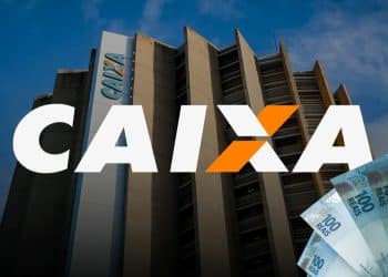 Sede da Caixa com notas de R$ 100, representando o Saque Calamidade do FGTS de até R$ 6.220