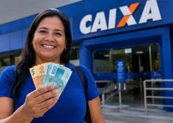 Mulher sorridente segura notas de real diante de uma agência da CAIXA, representando a liberação do Saque Calamidade do FGTS.