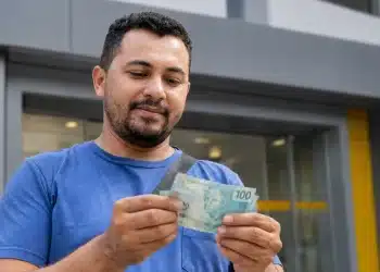 Homem segurando dinheiro em frente a uma agência bancária, ilustrando pagamento da restituição do segundo lote do Imposto de Renda