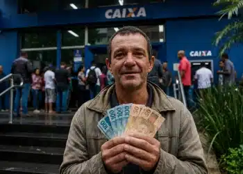 Homem segura notas de dinheiro em frente a uma agência da Caixa, em referência ao pagamento do seguro-desemprego em 2026.