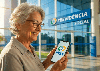 Idosa de óculos sorri ao usar o aplicativo do INSS no celular em frente a uma agência da Previdência Social