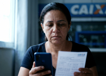 Mulher confere documento e celular em frente a uma agência da Caixa sobre o ressarcimento do PIS/Pasep.