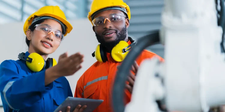 Dois técnicos em segurança do trabalho analisando equipamentos de proteção em ambiente industrial.