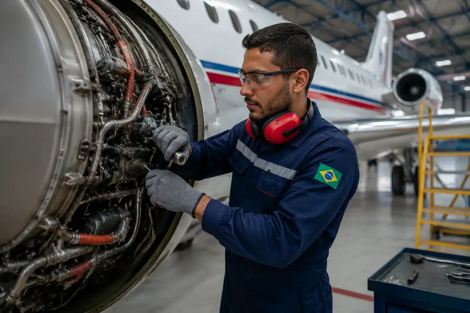 Técnico em manutenção de aeronaves ajustando motor em hangar, representando carreira com salário elevado sem diploma universitário.