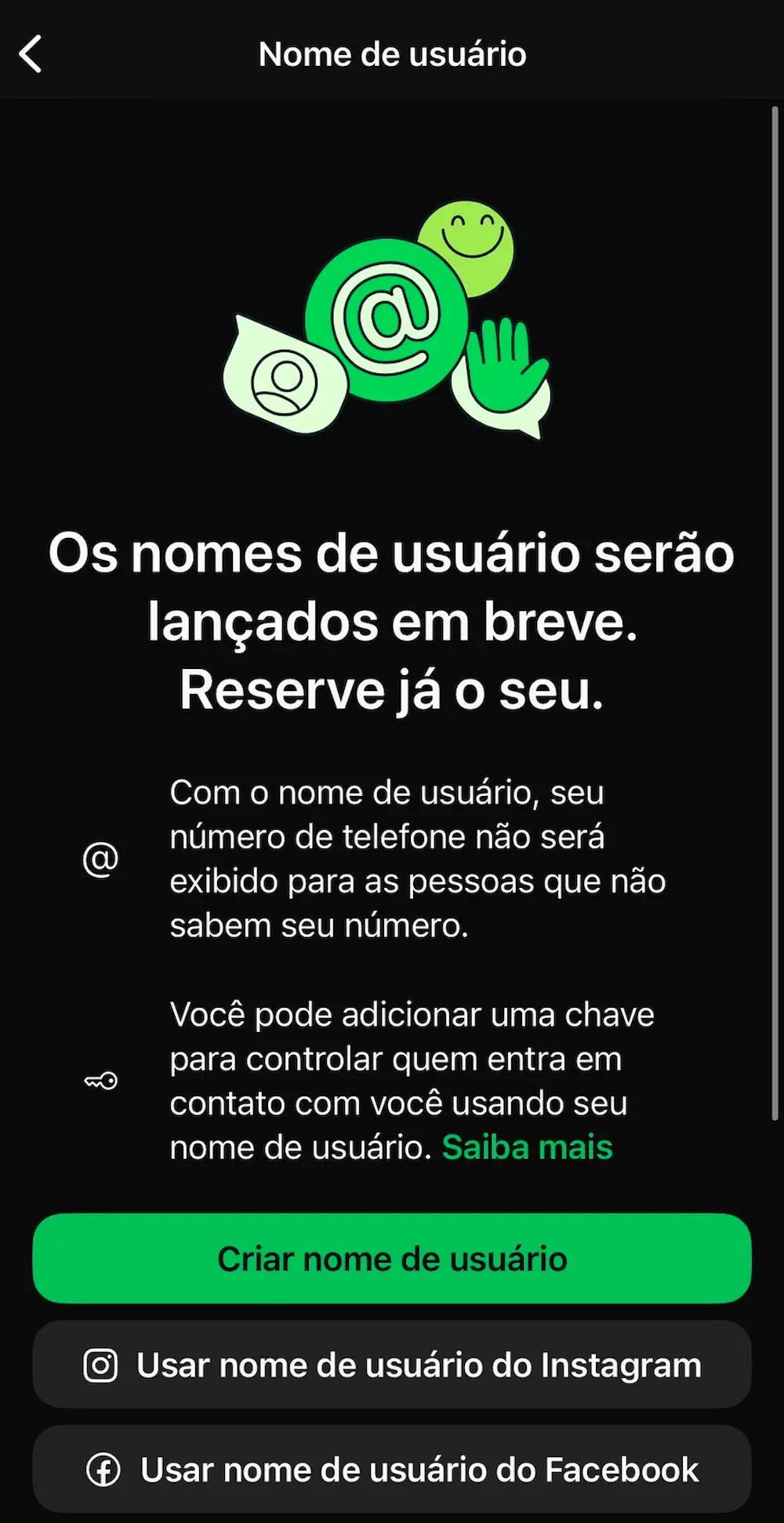 Tela do WhatsApp apresentando a função de criação de nome de usuário e opções de reserva.