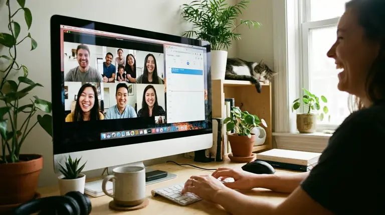 Pessoa participando de reunião online em home office, com tela exibindo videoconferência e ambiente de trabalho com plantas.