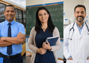 Três imagens mostram diferentes profissionais: na primeira, um motorista; na segunda, uma professora de Matemática; e, na terceira, um médico. A composição representa as oportunidades disponíveis nos processos seletivos com inscrições abertas.