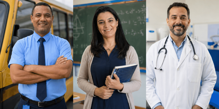 Três imagens mostram diferentes profissionais: na primeira, um motorista; na segunda, uma professora de Matemática; e, na terceira, um médico. A composição representa as oportunidades disponíveis nos processos seletivos com inscrições abertas.
