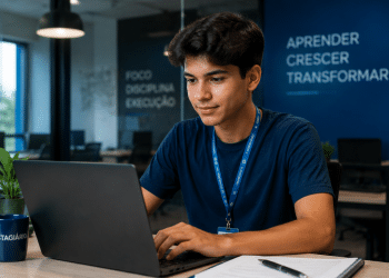 Jovem estagiário usando laptop em mesa de madeira, ambiente corporativo com frases motivacionais ao fundo.