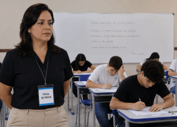 Fiscal de prova em sala de aula acompanhando candidatos durante exame.