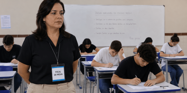 Fiscal de prova em sala de aula acompanhando candidatos durante exame.