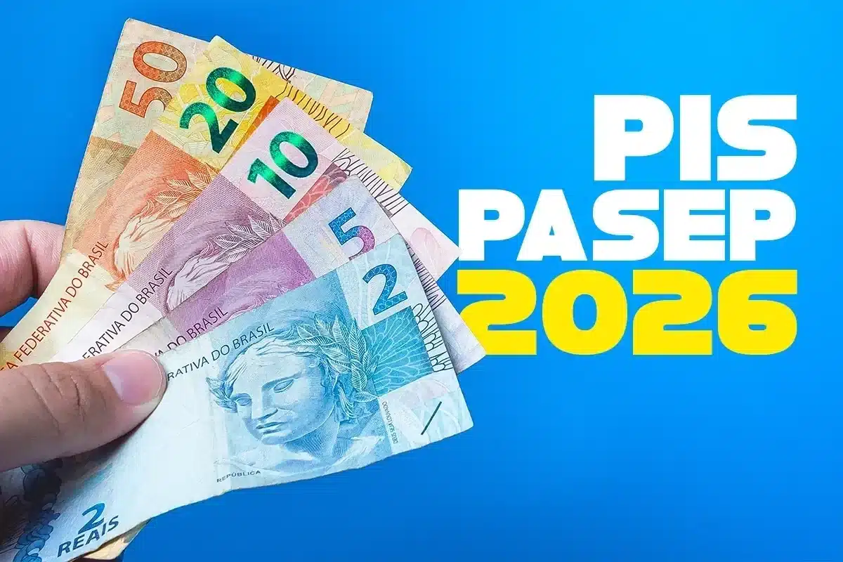 Cédulas de real ao lado do texto PIS Pasep 2026, representando o cálculo do valor do Abono Salarial
