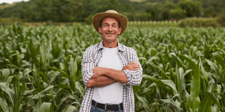 Agricultor sorridente no meio da plantação.