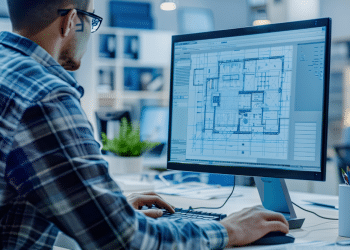 Arquiteto desenvolve projeto digital em escritório moderno.