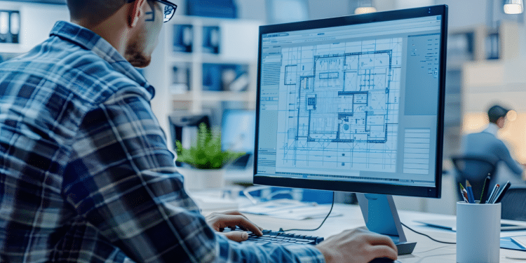 Arquiteto desenvolve projeto digital em escritório moderno.