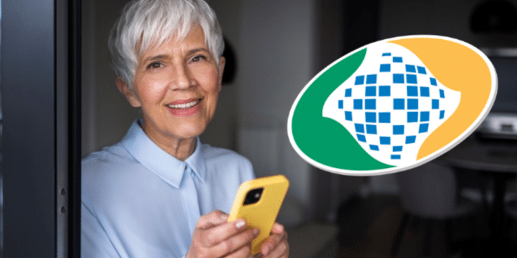 Idosa utilizando celular com logo do INSS do lado.