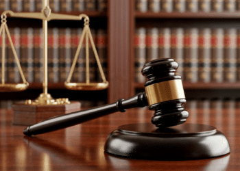 Martelo de juiz e balança da justiça sobre mesa de tribunal.