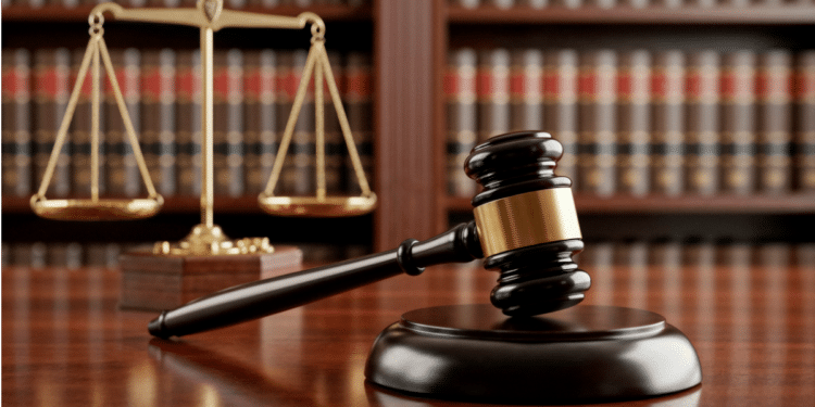 Martelo de juiz e balança da justiça sobre mesa de tribunal.