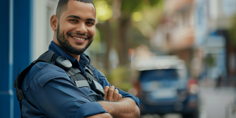 Homem sorridente em ambiente urbano com farda.