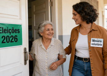 Mesária voluntária auxilia eleitora em seção nas Eleições 2026.