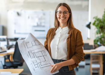 Arquiteta sorridente apresenta planta em escritório moderno.