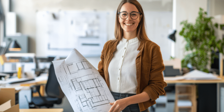 Arquiteta sorridente apresenta planta em escritório moderno.
