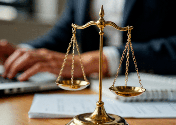 Balança dourada da justiça em foco próximo a pessoa digitando.