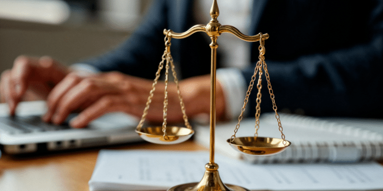 Balança dourada da justiça em foco próximo a pessoa digitando.