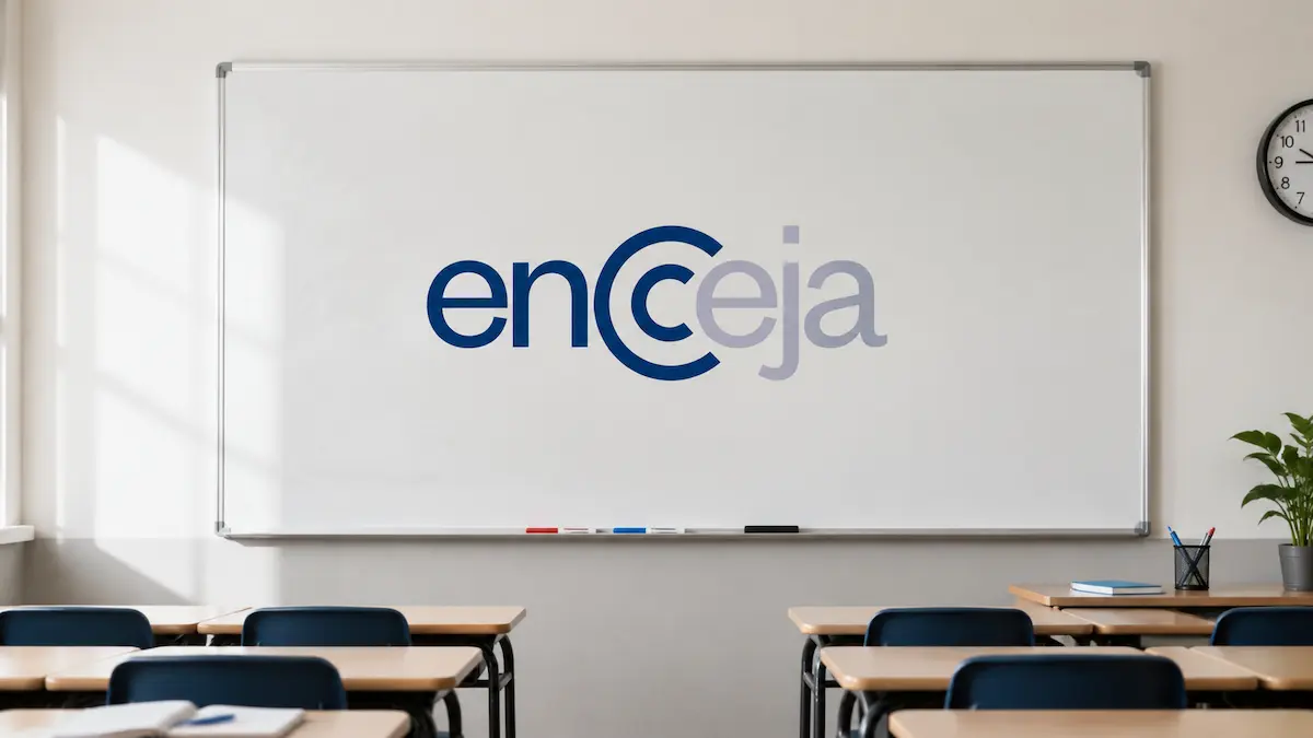 Quadro em sala de aula com o nome Encceja, representando as diferenças entre o Certificado de Conclusão e a Declaração Parcial de Proficiência.