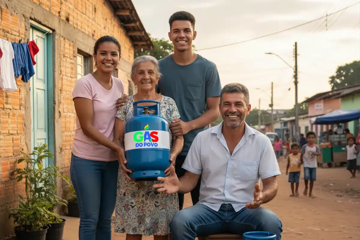 Família segura botijão do Gás do Povo em comunidade brasileira, representando o acesso ao benefício.