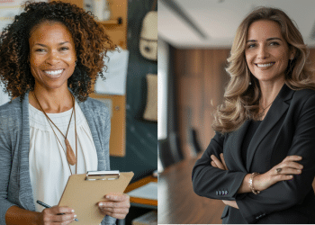 Duas mulheres trabalhando em locais diferentes.