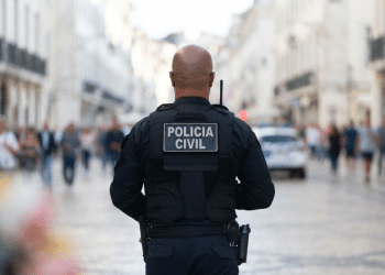 Policial civil patrulha rua movimentada em operação urbana.