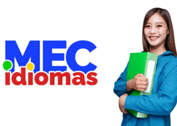 Jovem estudante com pasta verde ao lado do logo MEC Idiomas.