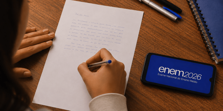 Jovem escreve redação sobre valorização da herança africana no Brasil ao lado de celular com tela do Enem 2026, simbolizando as formas de preparação para a redação do Enem 2026.