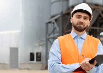 Homem com colete laranja e capacete branco segura prancheta em área industrial.