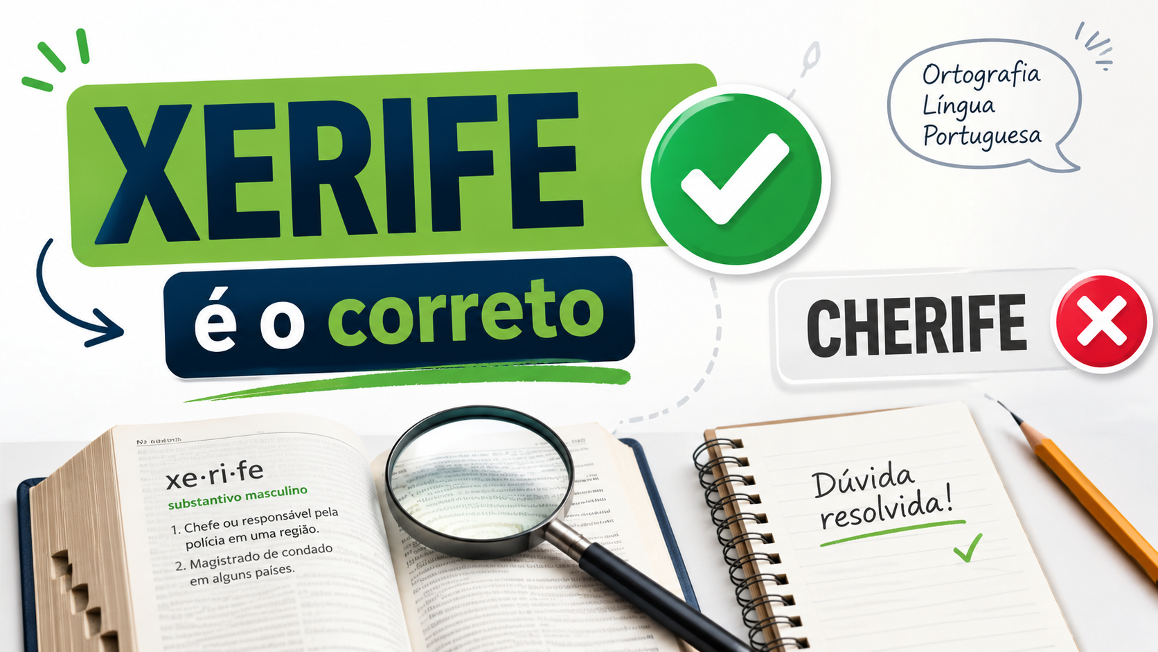 Palavra “xerife” com selo de correto, “cherife” marcado como errado, livro aberto e anotação “Dúvida resolvida!”, simbolizando a forma correta que é "xerife".