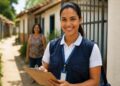 Agente comunitária de saúde com prancheta em visita domiciliar representando direitos garantidos à categoria.