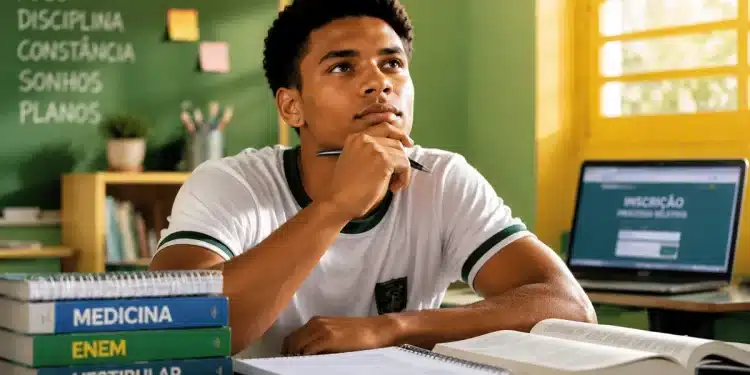 Estudante estudando para Medicina com livros de Enem e vestibular, representando alternativas para cursar a faculdade sem altos custos.
