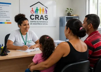 Assistente social atende família durante orientação em uma unidade do CRAS.