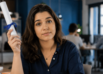 Jovem segura diploma enrolado com fita azul e expressão reflexiva em ambiente de escritório