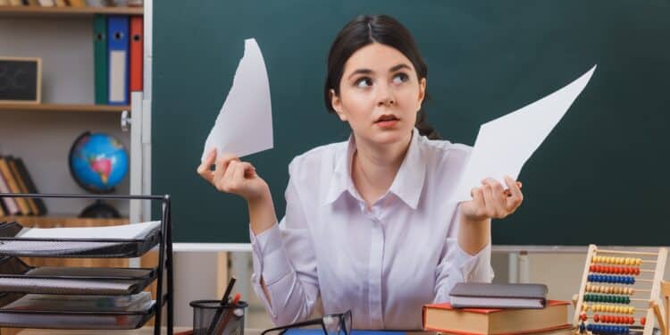 Mulher jovem de cabelos escuros rasga papel ao meio, sentada à mesa com livros, ábaco e quadro-negro ao fundo, simbolizando a dúvida sobre o aumentativo de papel.