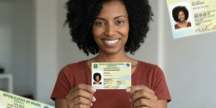 Mulher sorri segurando a Carteira de Identidade Nacional em frente ao corpo, com outras imagens do documento ao fundo